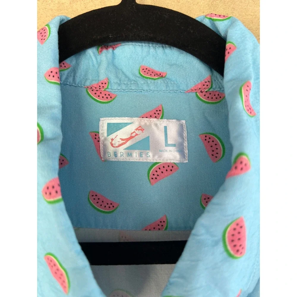 Bermies Watermelon Print Short Sleeve Button Down Shirt Aqua Blue Men's Large - Picture 2 of 5